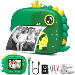 Kids Camera Instant Print,Dinosaurs Instant Print Camera for Kids,Birthday Gifts for Boys,2.4-Inch/1080P with 32GB Card,Christams Birthday Gifts for Girls Boys Age 3-12 (Green)