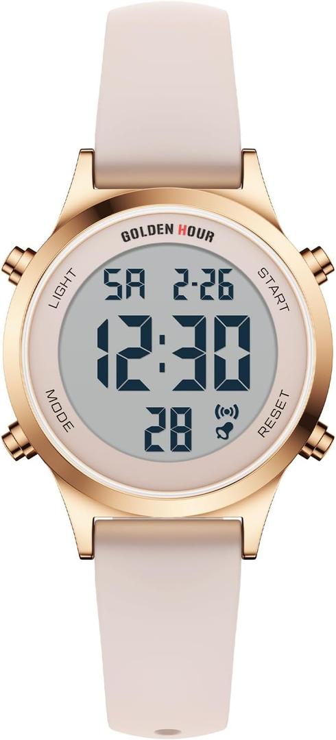 GOLDEN HOUR Waterproof Women's Digital Sports Watches with Silicone Strap, Alarm Calendar Stopwatch Chronograph 32mm Rose Gold Case