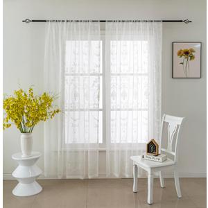 White Sheer Curtains Floral Embroidery Rod Pocket Voile Drapes for Living Room, Bedroom, Window Treatments Semi Flower Pattern Curtain Panels for Kitchen, Yard,54 x 63 Inch, 2 Panels