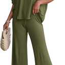 Tankaneo Womens 2 Piece Outfits Sets Short Sleeve Wide Leg Cropped Pants (L)