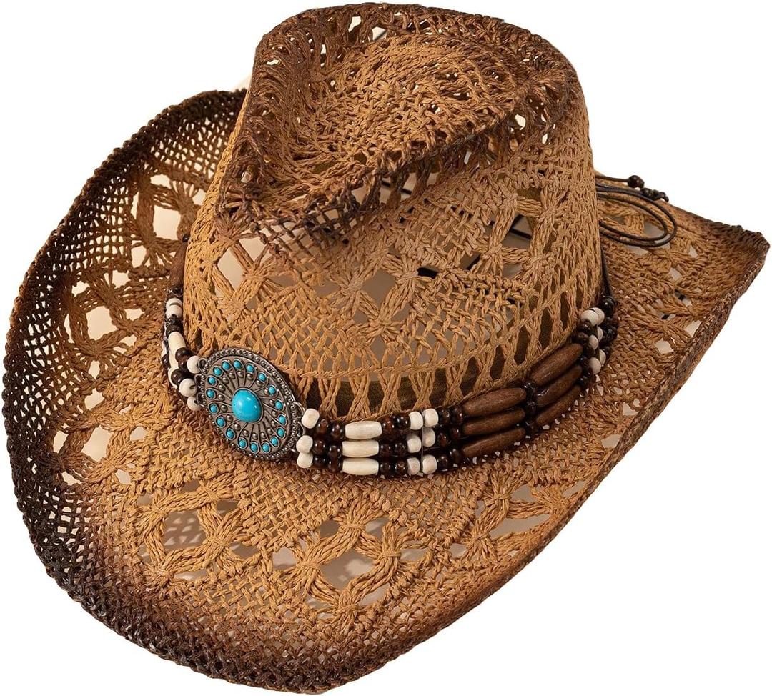 QWINEE Ombre Bead Decor Hollow Out Cowboy Hat Straw Cowboy Cowgirl Hats Summer Beach Sun Hat for Women Men (One Size, Khaki)