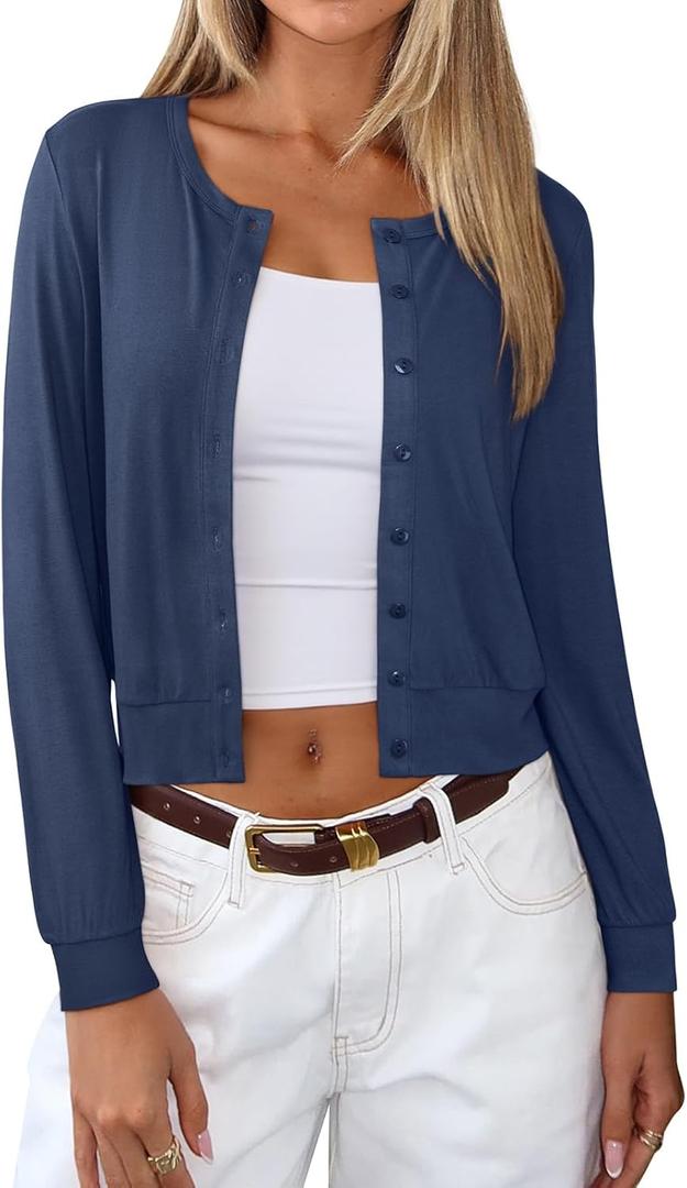 REORIA Womens 2025 Fall Fashion Lightweight Long Sleeve Button Down Casual Wool Blend Cardigan Sweaters (Blue)