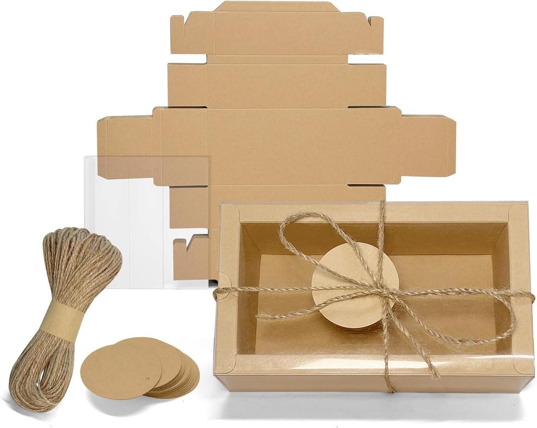 H.J. Immbir 30 Sets Kraft Gift Boxes Rectangle Kraft Paper Drawer Box with Window Homemade Soap Box with Blank Tags and Jute String for Birthday Christmas Weddings