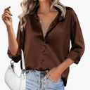HOTOUCH Women Satin Silk Button Down Shirt Ladies Long Sleeve Tops V Neck Loose Blouse Dressy Business Casual Work Tunic Fall Size S