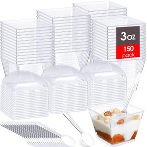 Mimorou 150 Pcs Square Mini Plastic Dessert Cups,3 oz Clear Plastic Parfait Appetizer Cup with Lids and Spoons for Desserts Appetizers Ice Cream Birthday Weddings Anniversaries Party Favors(3 oz)