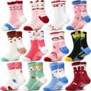 Welwoos Baby Girls Toddlers Grips Socks 12 Pairs Kids Anti Slip Non Skid Animal Funny Cartoon Crew Breathable Cotton Socks (9-14 Years, Red/Pink/Blue/Green/White/Black)