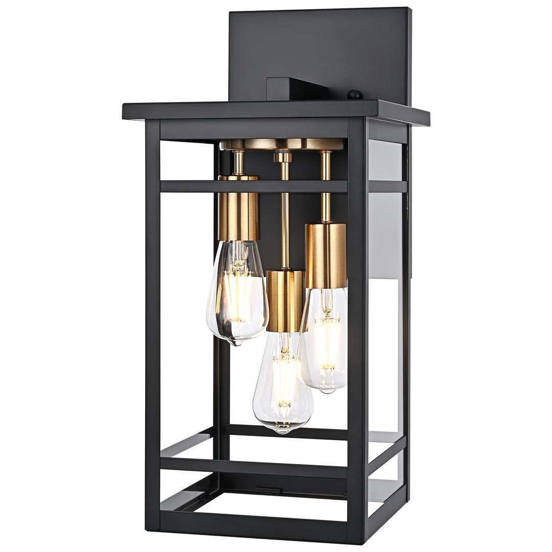 Wanluce 20.8in Large 3 Light Outdoor Wall Light Fixture, IP65 Waterproof Exterior Wall Sconce, Black & Brushed Brass Wall-Mount Outside Lantern Lamp, E26 Base, for Patio, Porch, Garage, Entrance