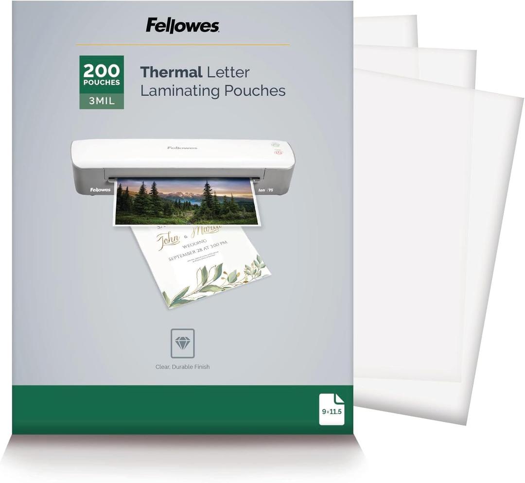Fellowes Thermal Laminating Sheets, 3mil Letter Size Pouches, 9 x 11.5, 200 Pack, Clear (5743401)