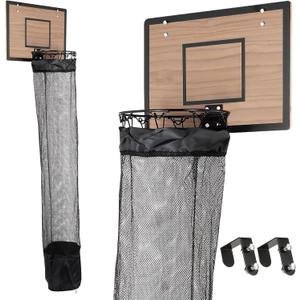 Over the Door Basketball Hoop Laundry Basket ,Wooden Basketball Laundry Hamper with Zipper for Kids Room,Dorm Rooms,Bathroom,Saving Space Storage and Organization (Walnut)