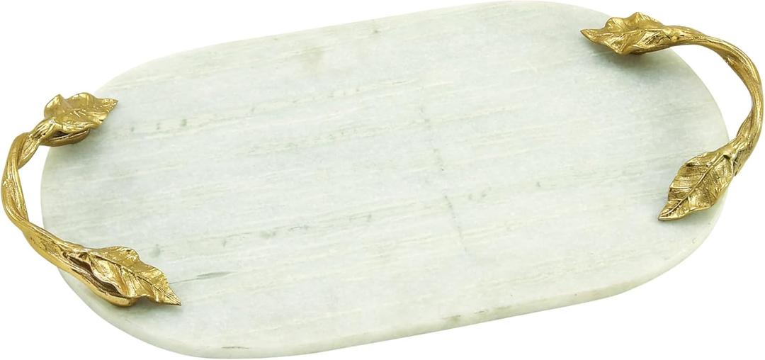Deco 79 Marble Oval Tray with Gold Twisted Leaf Handles, 20" x 10" x 2", White