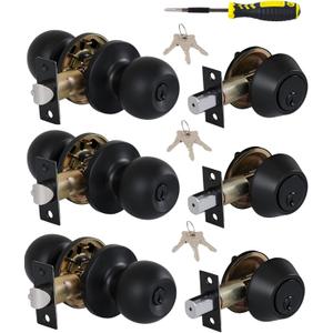 Lanwandeng (3 Sets) All Keyed Same Entry Knobs&Single Cylinder Deadbolt for Exterior Front Doors, Round Ball Matte Black Finish Entry Door Lock with Same Keys
