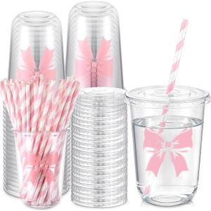 LemonRoad 50sets 16oz Pink Bow Cups Pink Birthday Party Decorations Supplies Cute Plastic Cups Disposable with Lids and Straws for Valentines Galentines Day Christmas Wedding Baby Shower Decorations