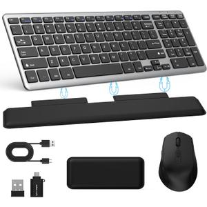 Ultra Slim Quiet Silent Wireless Keyboard and Mouse Combo with Magnetic Wrist Rest, Rechargeable Quiet Full-Size Keyboard and Mouse Combo Set Ultra Slim Design for Computer, Mac, Laptop, PC