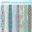 FYSUIMU 40Pcs Floral Cotton Fabric Strips Watercolor Rose Fabric Bundles Green Blue Flower Quilting Patchwork for DIY Sewing Craft Decor, 2.6 x 39.4 Inch