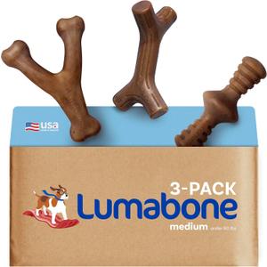 Lumabone Real Bacon Medium 3-Pack Durable Dog Chew Toys for Aggressive Chewers, Made in USA  Wishbone, Zaggler, Stick