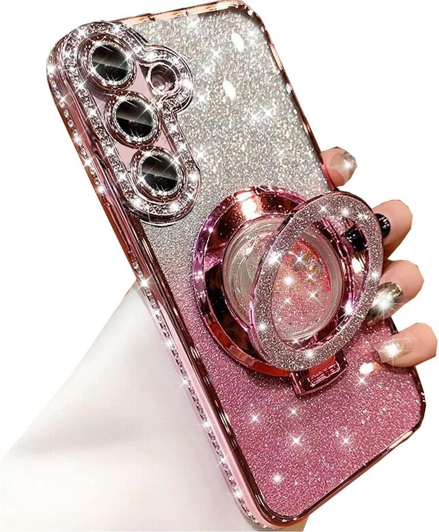 Changjia for Samsung Galaxy S25 Glitter Kickstand Case, Luxury Bling Sparkly Diamond Rhinestones with Camera Lens Protector Liquid Flowing Ring Stand TPU Bumper Women Girls Case for Galaxy S25 (Pink)