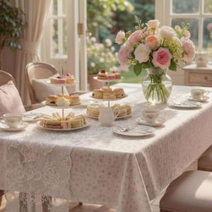 Breling 2 Pcs Spring Floral Tea Party Decoration Pink Vintage Rectangle Tablecloth White Lace Runner Set Flower Table Decor for Garden Wildflower Party Supplies, Bridal Shower Wedding, Baby Shower