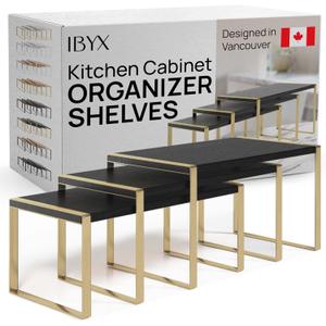 Ibyx Premium Kitchen Cabinet Organizer Shelf - Set of 3 Kitchen Counter Shelves - Stackable Shelf Racks for Cabinets - Metal Frame & Engineered Wood (Black Wood, Gold Frame)