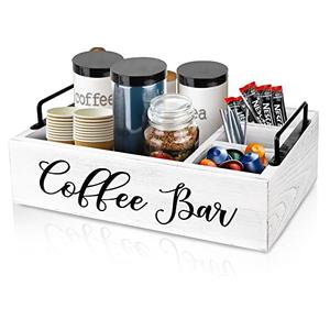 MINCORD Coffee Station Organizer Wooden Coffee Bar Holder Accessories for Countertop, Farmhouse Kcup Pod Storage Basket with Handle - White