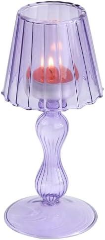Gurfuy Desk Lamp Shaped Glass Candle Holder - Glass Hurricane Candleholder Crystal Decorative Candle Stand for Table Wedding Dinning Centerpieces Party Supplies Decor Purple