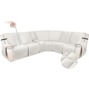 HDCAXKJ 100% Waterproof Velvet Recliner Sectional Couch Covers L Shaped Corner Reclining Sofa Cover Washable Thick Non Slip Sectional Slipcover with Pockets (5 Seat and 1 Middle Console, Ivory)