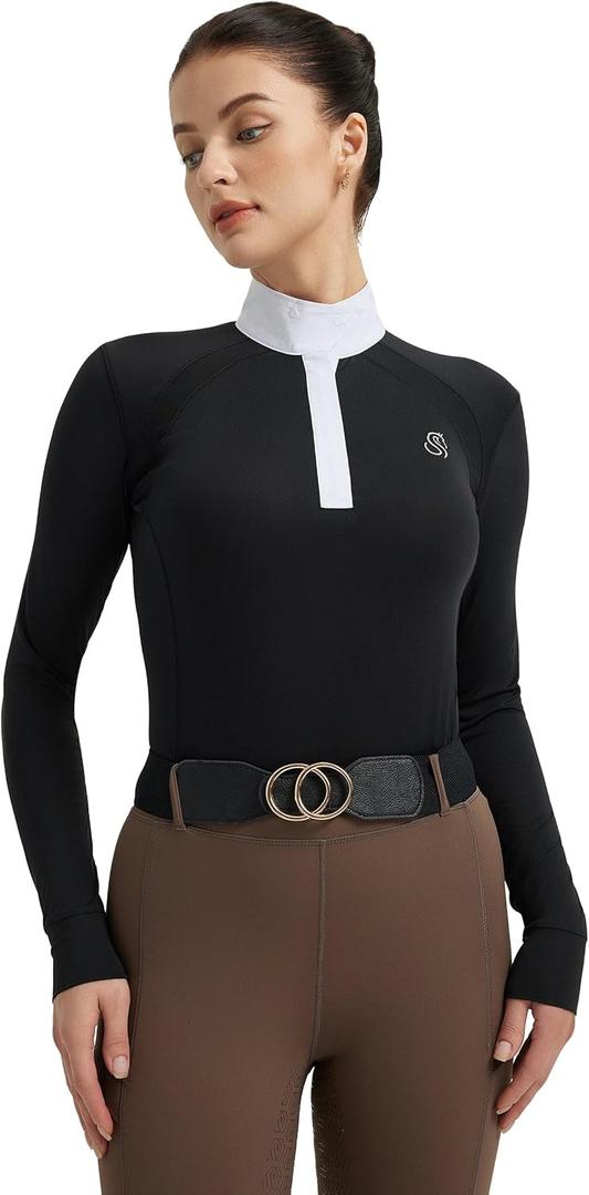 FitsT4 Sports Womens Equestrian Show Shirts UPF50 Long Sleeve Performance Horse Riding Tops with Cooling Mesh Panels (Large, Black)