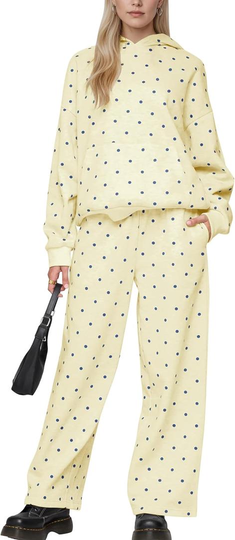 Lauweion Polka Dot Set-Women's Oversized Hoodie and Wide Leg Sweatpants (Medium, Yellow)