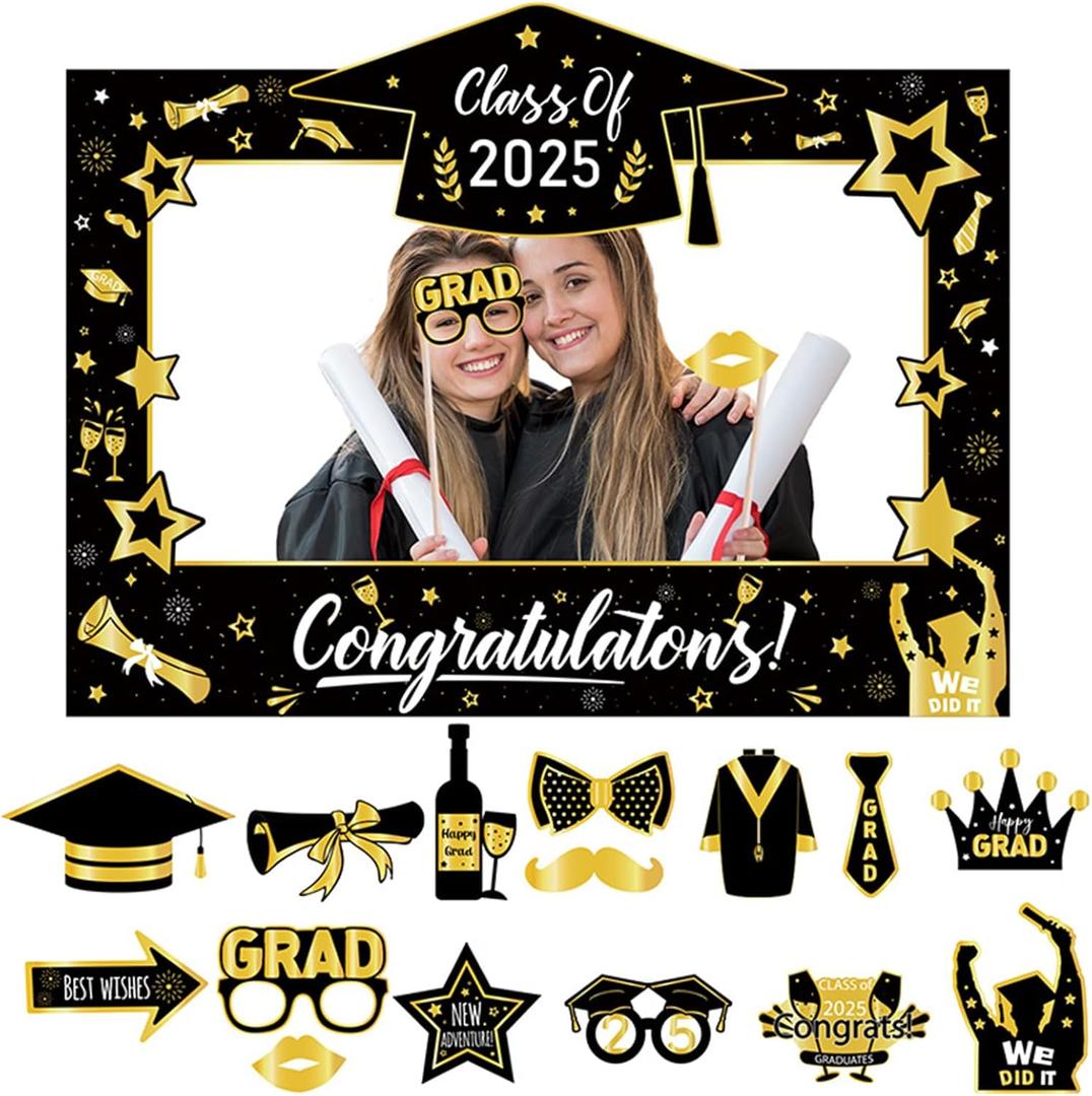 2025 Graduation Photo Booth Props Frame,15Pcs Graduation Photo Booth Props, Funny Graduation Party Selfie Props, Black Gold Selfie Photo Frame for High School and College Graduation (Black)