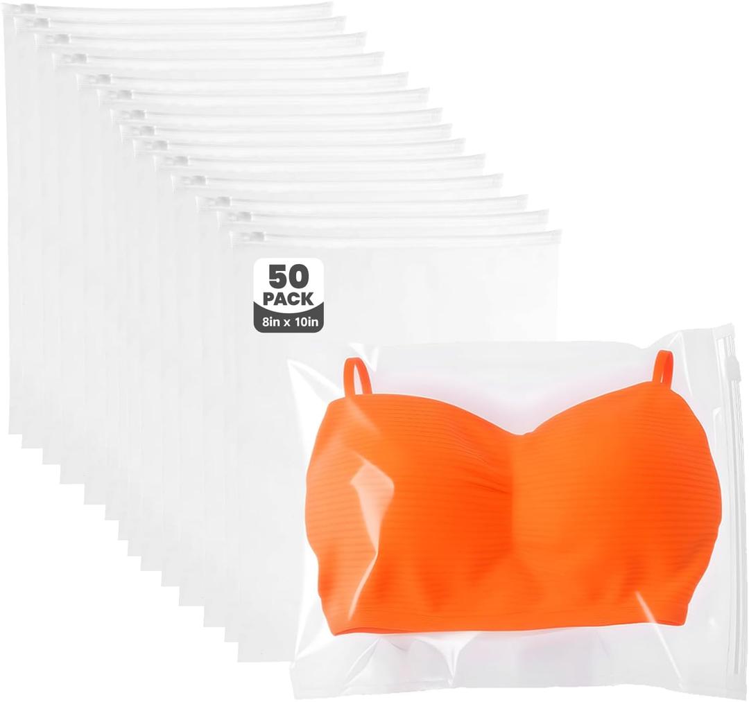 Swimsuit Organizer Bags - 50 Pack 8x10 Inch Clear Zipper Storage Bags, Waterproof Reusable Travel Packing Bags for Clothes, Underwear, Socks, Toiletries