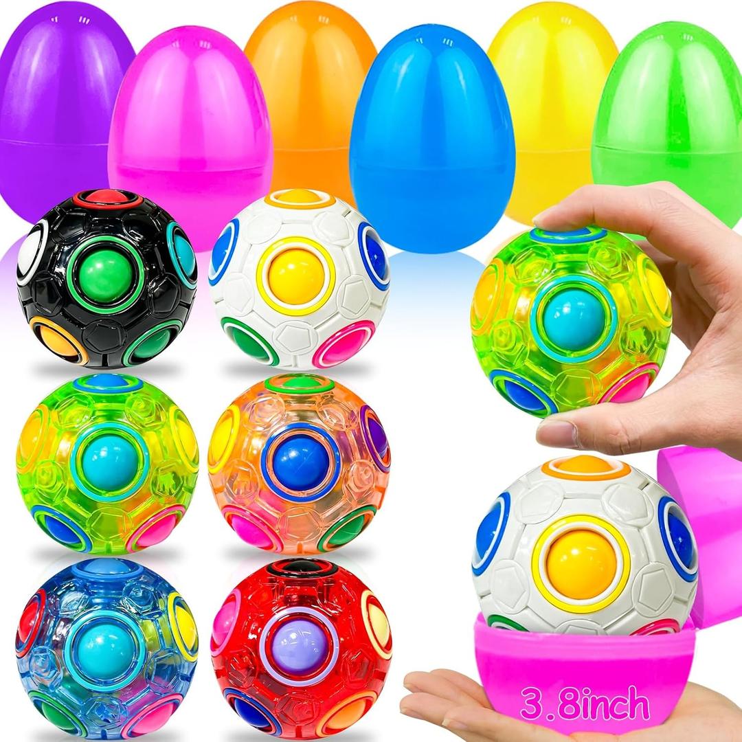 6 Pack 3.8'' Jumbo Easter Eggs with SpinMaster Rainbow Balls - 3D Magic Cube Brain-Boosting Toys for Kids Ages 6-12, Fidget Toys, Easter Basket Stuffers, Egg Hunt Prizes & Sensory Party Favors