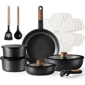 CAROTE 17pcs Pots and Pans Set, Nonstick Cookware Set Detachable Handle, Induction Kitchen Cookware Sets Non Stick with Removable Handle, RV Cookware Set, Oven Safe, Jet Black