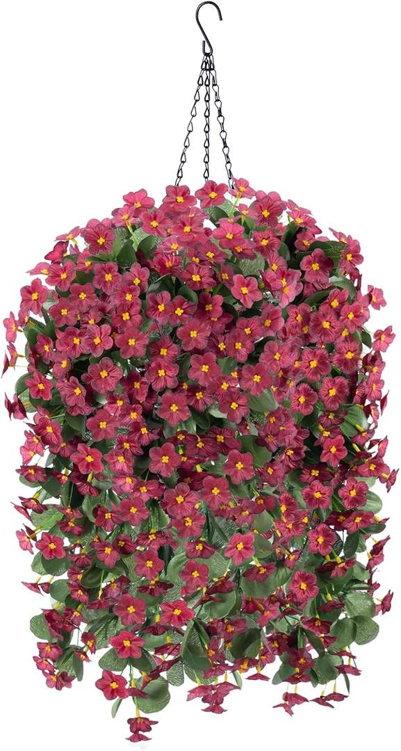 Artificial Fake Hanging Flowers Plants Baskets for Outdoor Outside Spring Decoration, Faux Silk Dark Red UV Resistant Look Real Orchid Trailing Vines for Porch Patio Home Garden