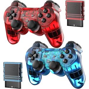 Degulan Wireless Controller Compatible with PS-2 Console, Remote Gamepad for Play 2 (Clear Red and Clear Blue)