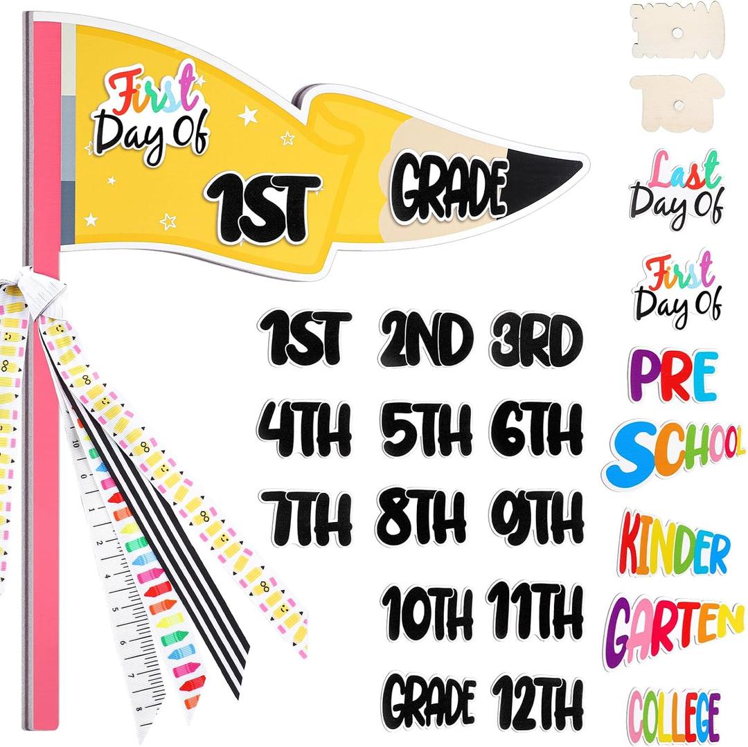 Hahafelt 25 Pcs Pencil Style First & Last Day of School Flag Kit with Ribbons Decoration Replaceable Reusable 15 Grades Photo Prop for Preschool to College Welcome Classroom Decoration