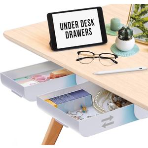 2 Pack Under Desk Drawer Organizer, Slide Out Storage for Pens, Cables & Office Accessories with Self Adhesive, No Drill Installation, Hidden Desk Storage for Office and Home
