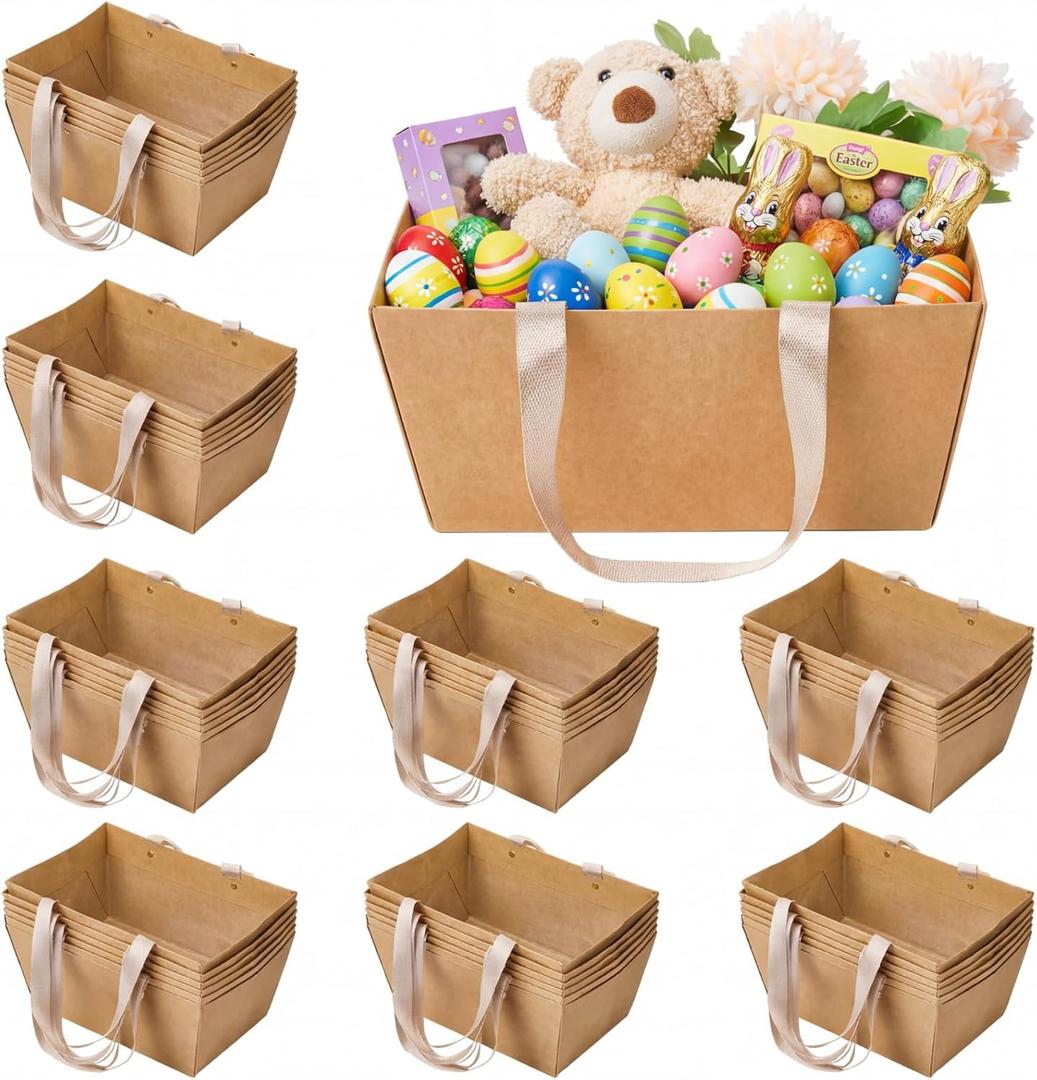 Pinkunn 48 Pcs Easter Basket for Gifts Empty DIY Bulk Gift Basket Kit with Handles Kraft Cardboard Tray for Wedding Baby Shower Graduation Party Anniversary Party Display(Brown)