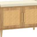 Rattan Shoe Storage Bench with Cushion, 2-Tier Entryway Bench with Adjustable Shelves and 2 Doors, 15" D x 31.5" W x 20" H, Solid Wood Legs, for Hallway, Living Room, Bedroom, Natural Oak