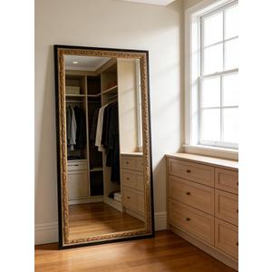Gold Vintage Mirror, 47"x23.5" Black Gold Decorative Mirror with Gold Foil Carvings Wooden Frame for Luxe Living Room, Entryway, Bathroom and Bedroom
