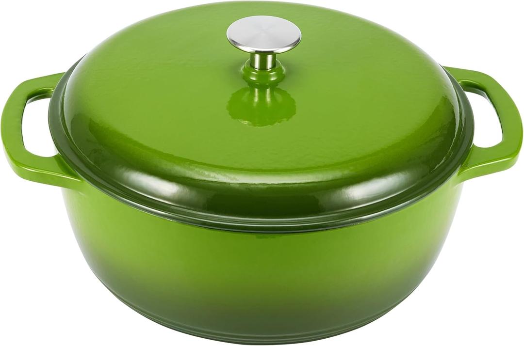 Amazon Basics Enameled Cast Iron Dutch Oven Pot with Lid, Round, Dual Handles, Heavy-Duty, Oven Safe for Stews, Roasting, Baking, 4.3-Quart, Small, Green