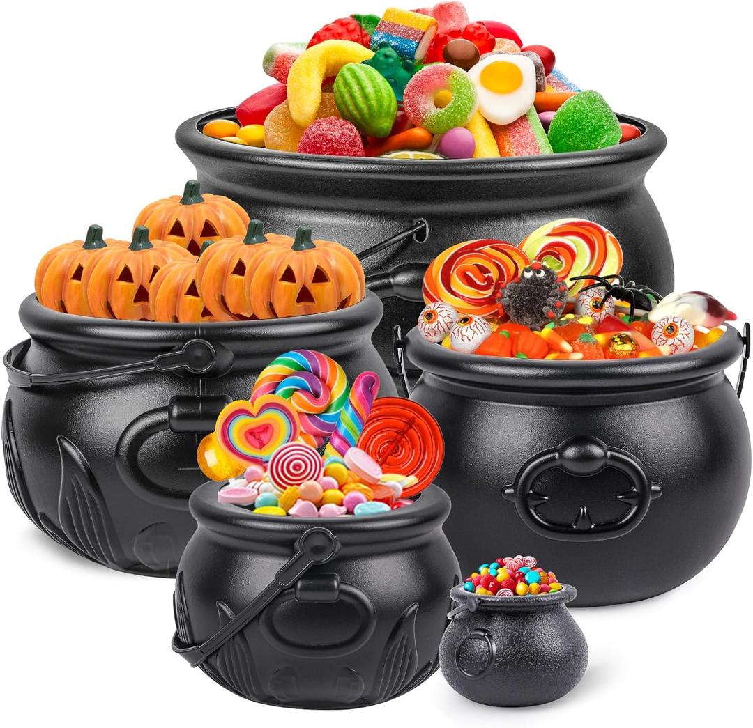 5 Pcs (12.8",9.8, 7.6, 5.7, 2.7) Large Halloween Cauldron, Black Plastic Witch Cauldron Bowl, Cauldrons Pot Candy Bucket for Halloween & St. Patricks Day Party Favors Decor