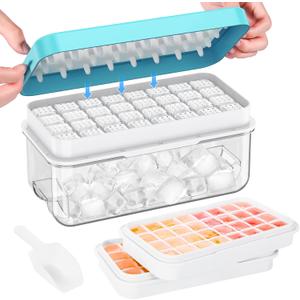 Ice Cube Tray with Lid and Bin, PHINOX 64 pcs Ice Trays for Freezer, Ice Cube Trays for Freezer with 2 trays, Container, Lid & Ice Scoop, BPA Free (Blue)