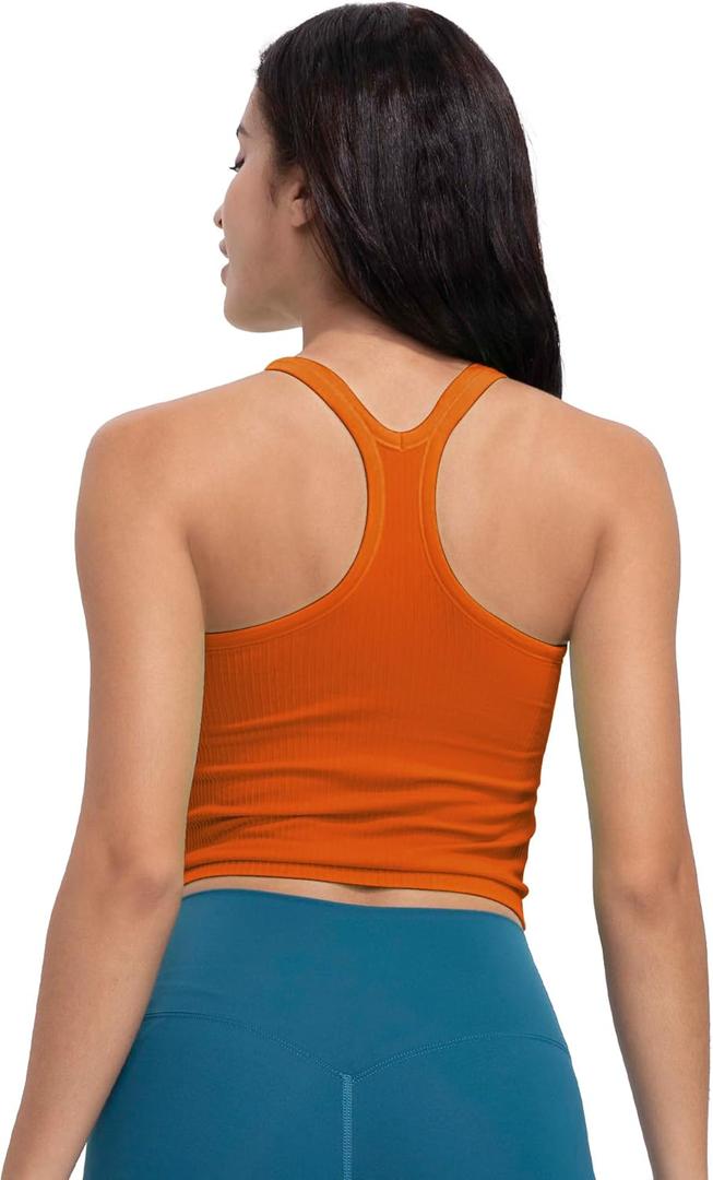 Seamless Ribbed Workout Racerback Tank Tops with Built in Shelf Bra for Women (Size 4, Orange)