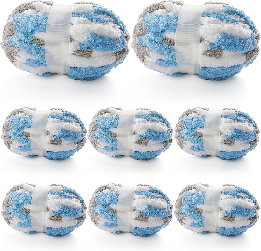 8 Pcs Chunky Yarn for Hand Knitting - Chunky Chenille Yarn for Crocheting - Fluffy Yarn for Crochet - Jumbo Yarn for Hand Knitting 227 yds 61.6 oz of Super Bulky Yarn (Sky Blue-White-Grey)
