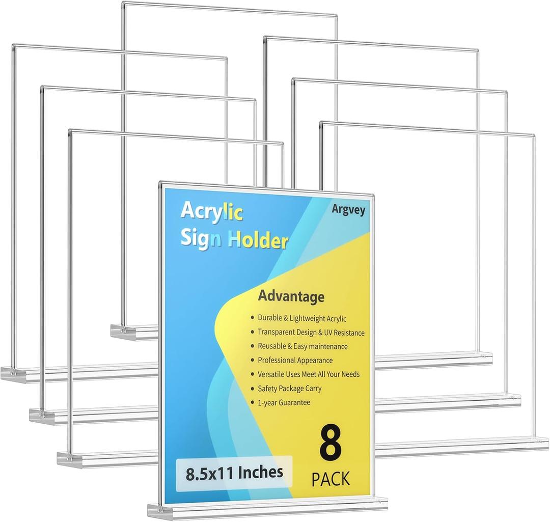Argvey 8 Pack Acrylic Sign Holder 8.5 x 11 Vertical, Clear T Shape Table Menu Display Stand, Multi-function Plastic Double-Sided Paper Picture Frames Flyer Document Holder for Displaying