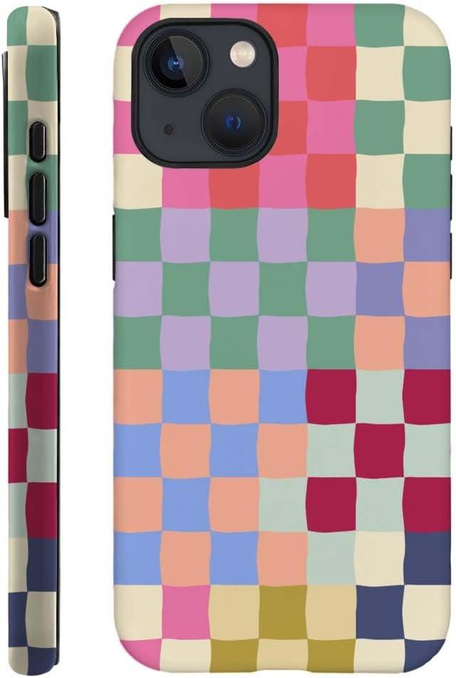 Case Compatible with iPhone 15,Hybrid 2-Layer Hard Shell,Shockproof Soft for Girl Women,Mixed Color Checkerboard
