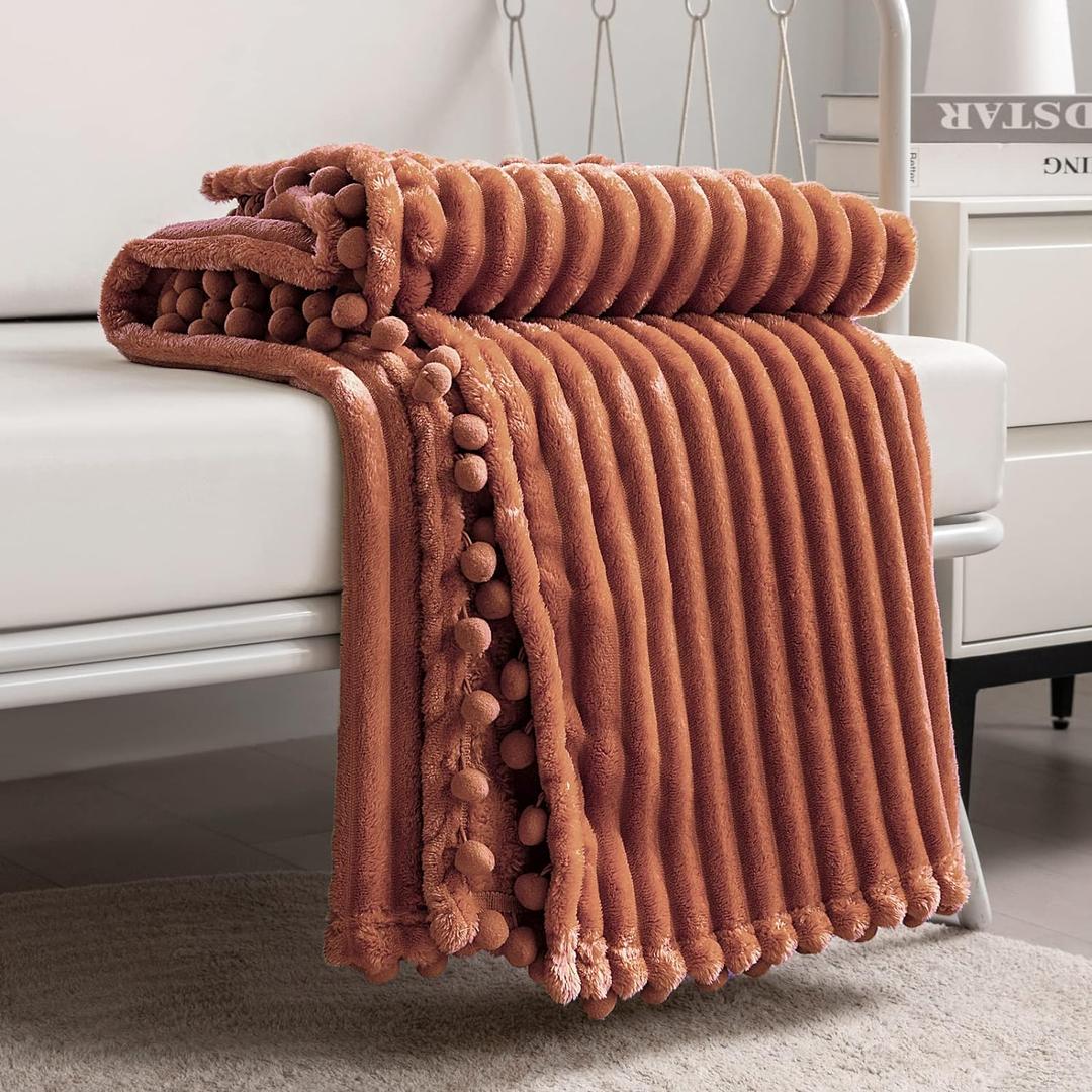 DISSA Fleece Blanket Twin Size  60x80, Caramel  Soft, Plush, Fluffy, Fuzzy, Warm, Cozy  Perfect Throw for Couch, Bed, Sofa - with Pompom Fringe - Flannel Blanket Throw Blanket
