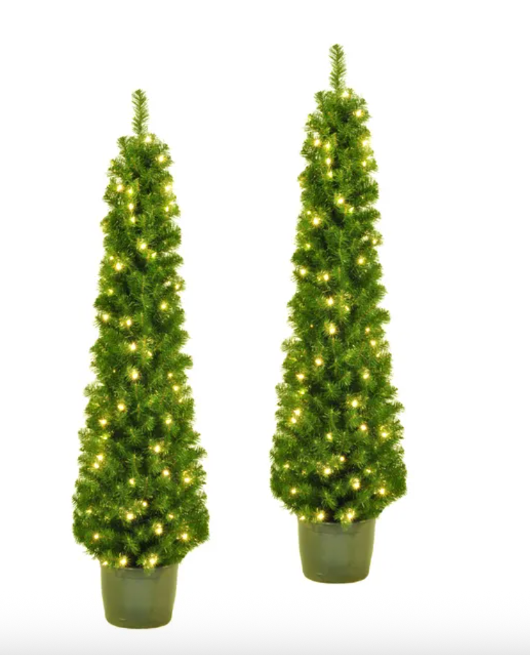 5' Pre-Lit Clear Incandescent Potted Trees, Set Of 2