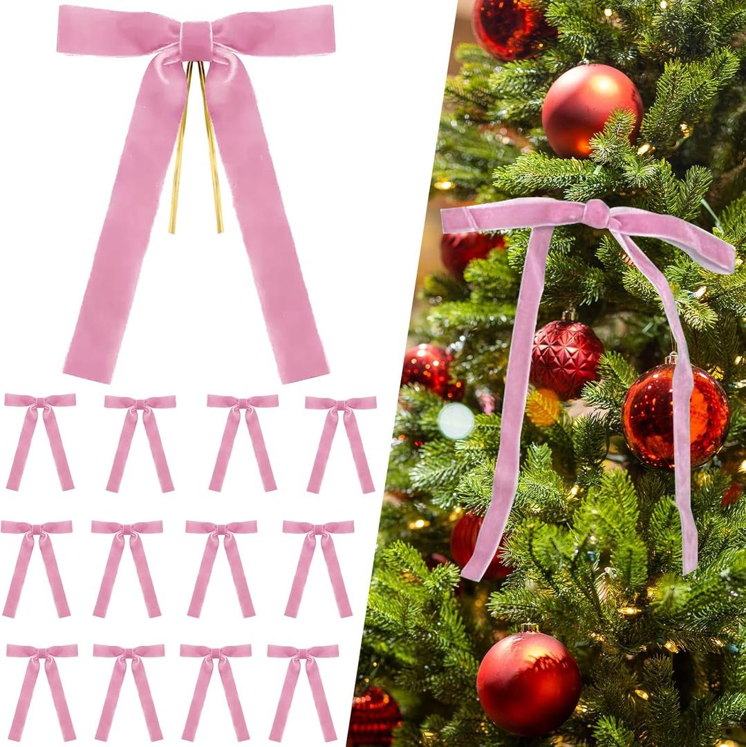 12Pcs Pink Velvet Christmas Tree Bows Ornaments Vintage Velvet Ribbon Bows for Tree Garland Wreath Indoor Outdoor Christmas Decor Xmas Decorations 1'' Wide, 5 * 7 inch