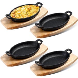 Mifoci 4 Pcs Cast Iron Skillet with Wooden Base Mini Cast Iron Fajita Plates Baker's Skillet Matte Black Small Pan for Kitchen Restaurant Barbecue Dinner (8.7 x 4.7 x 1.6 Inches)