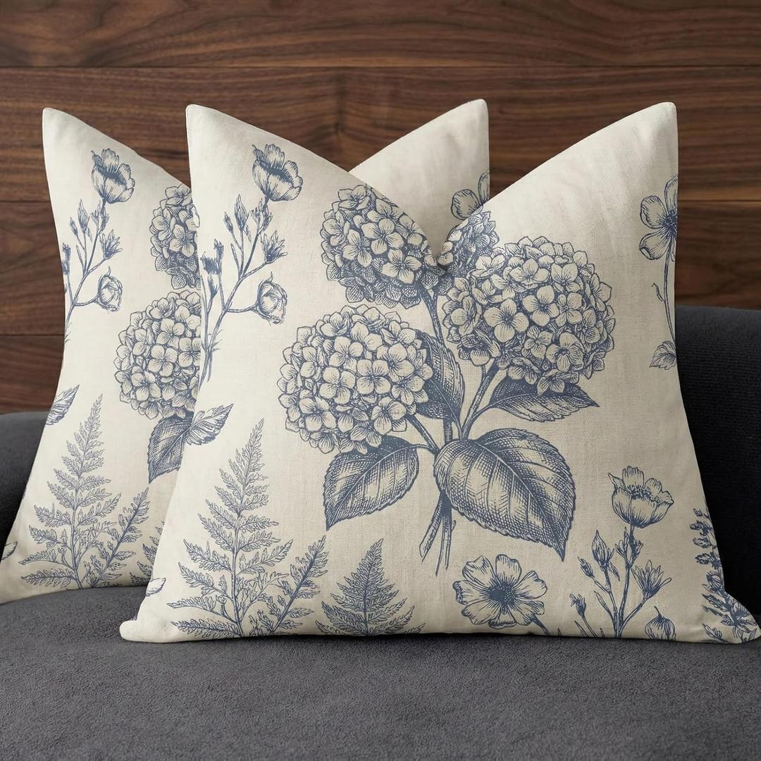 Vintage Blue Gray Floral Throw Pillow Covers Set of 2 Double Sided Linen Blend French Country Botanical Cushion Cases Neutral Cottage Farmhouse Decor for Sofa Couch Bedroom Living Room 1818 Inch